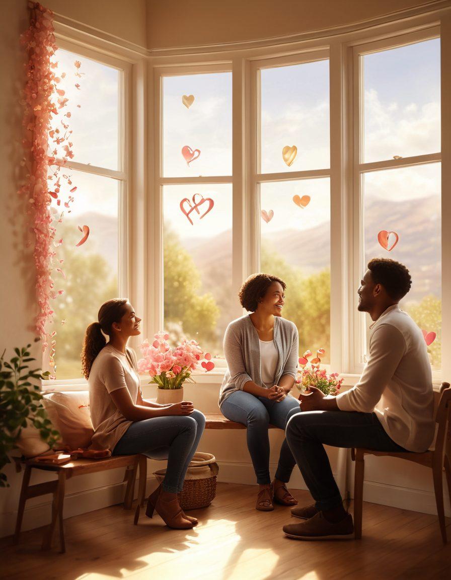 A diverse group of people seated in a cozy, sunlit room, engaging in a warm discussion, symbols of support like ribbons and hearts in the background. Include elements of hope such as blooming flowers and a soft-focus window showing a bright sky. Emphasize a sense of togetherness and compassion. super-realistic. warm tones. natural light.