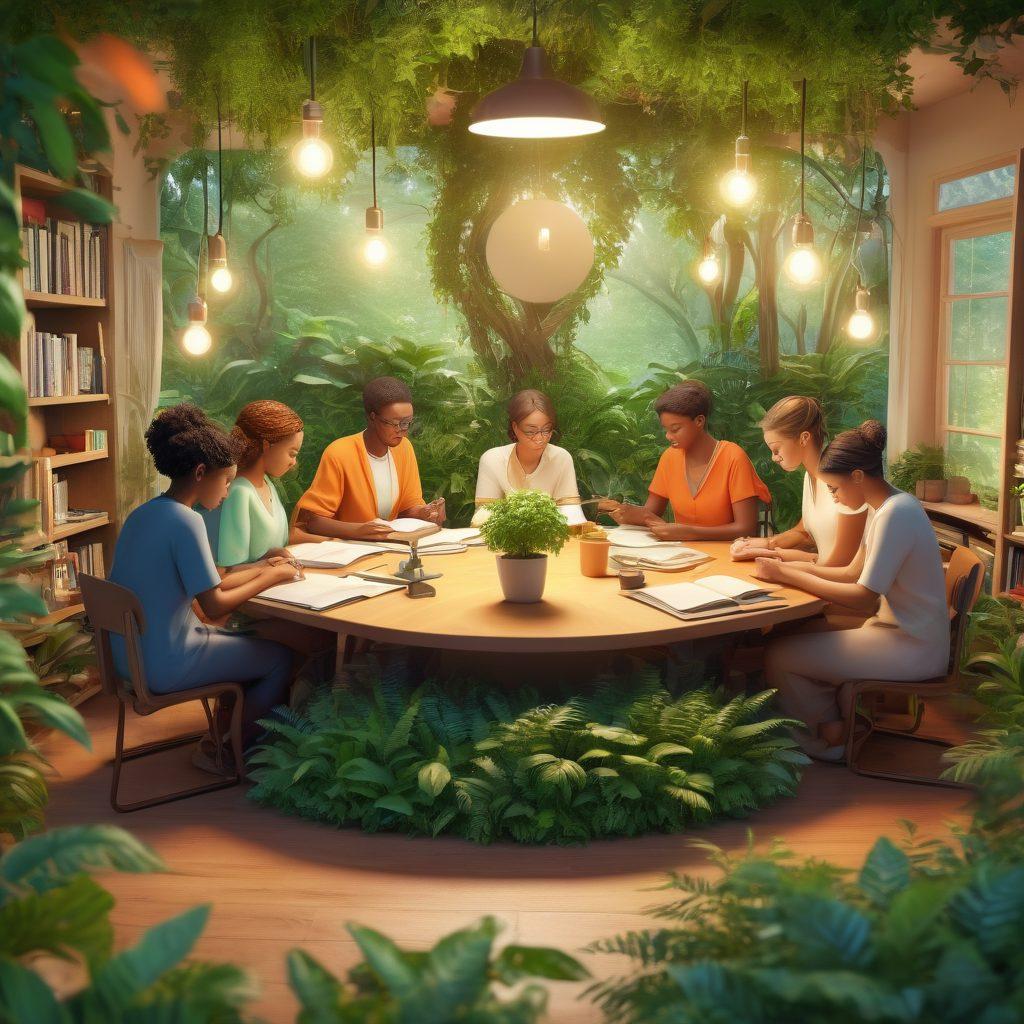 A serene scene depicting a diverse group of individuals engaged in learning, surrounded by books, tablets, and lush greenery, illustrating empowerment through knowledge. Include symbols of health and well-being, such as a stethoscope and lightbulbs. The setting should convey a sense of community and support. Soft, warm colors to create an inviting atmosphere. 3D illustration. vibrant colors.