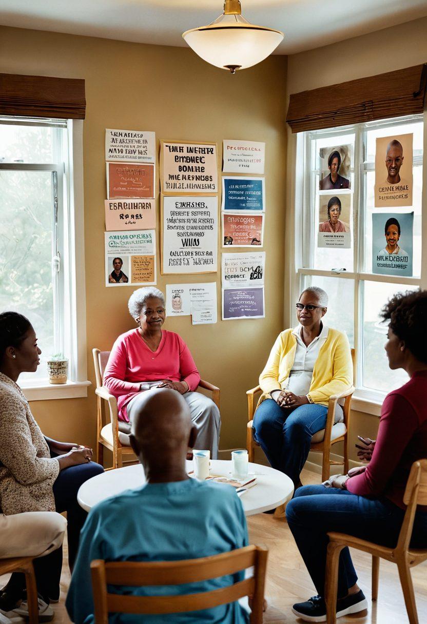 A compassionate scene depicting a diverse group of patients and caregivers in a warm, inviting support group setting, featuring uplifting posters on the walls, a cozy circle of chairs, and a table with informational materials about cancer treatments. Soft natural light illuminates the space, emphasizing a sense of hope and community. The expressions on their faces reflect empowerment and understanding. super-realistic. warm colors. natural lighting.